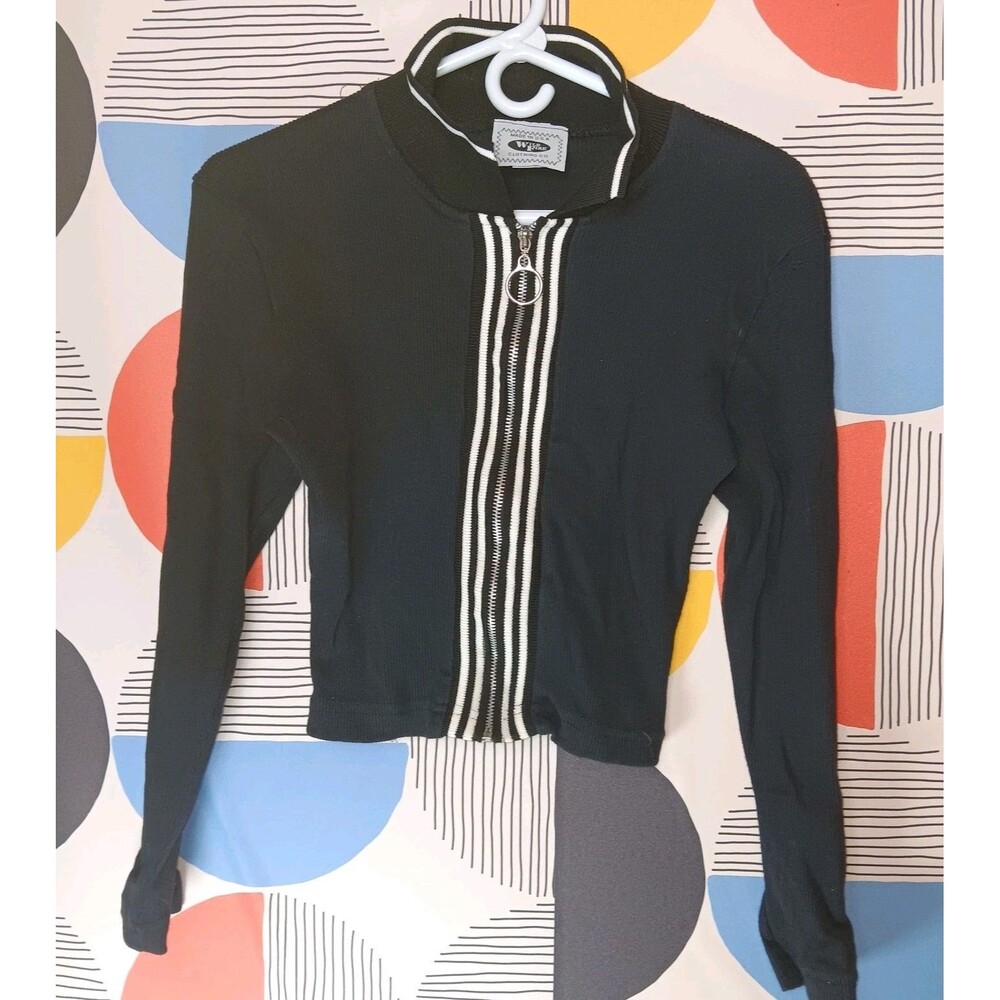 Vintage 90s Wild Fire Ribbed Black Zip Up Crop Top Shirt Athleisure Y2K Medium